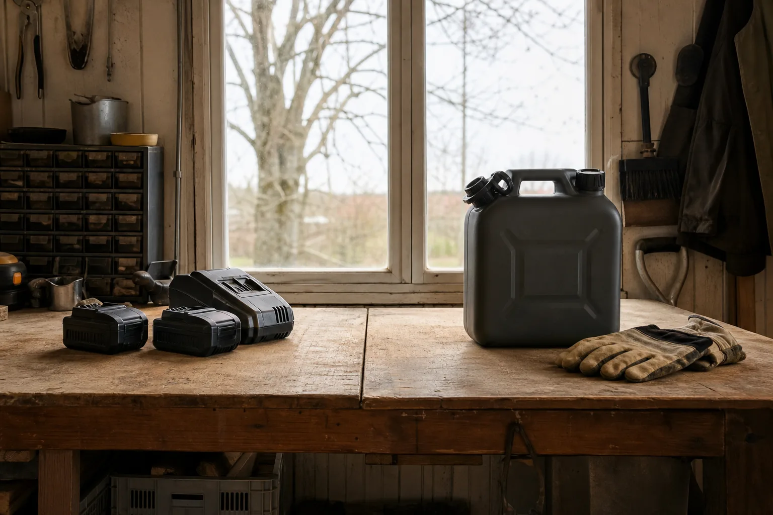 Neutral arbetsbänk med batterier och laddare bredvid en stängd bränsledunk