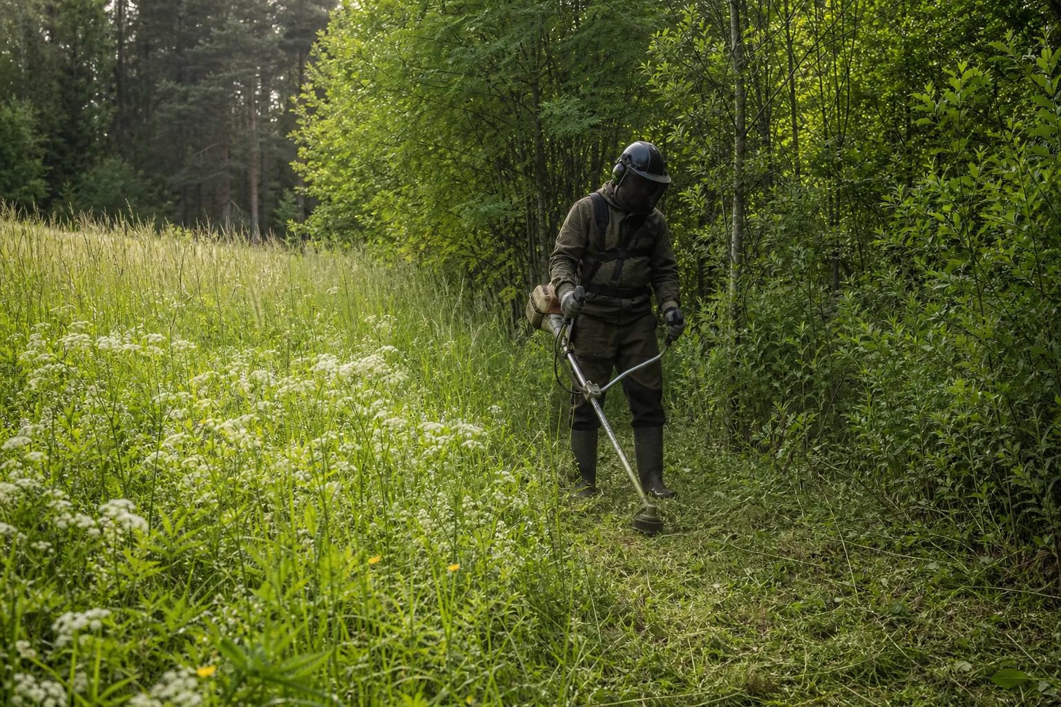Person med skyddsutrustning röjer vid gränsen mellan äng och ungskog